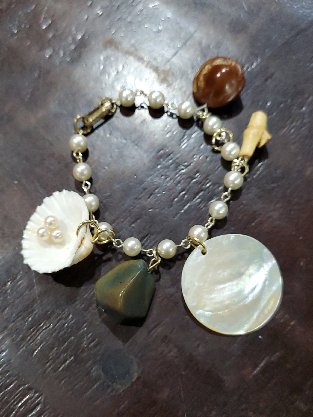 Vintage Gold-Tone Pearl and Shell Charm Bracelet - White, Cream, Green, Brown